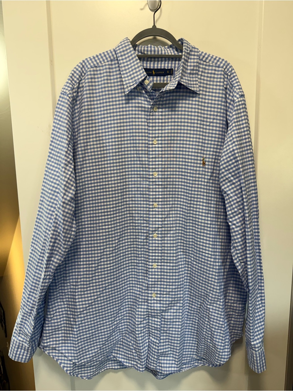 Ralph Lauren Blue White Gingham Plaid Button Down Dress Shirt Cotton Prep XLT